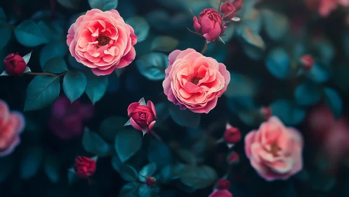 Pink Roses in Deep Moody Teal Garden Atmosphere