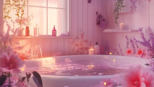Dreamy floral bathtub retreat in glowing pink light.