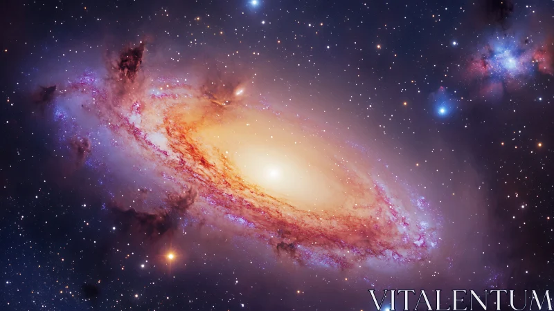 Spiral galaxy core with radiant stellar halo and nebular arcs.