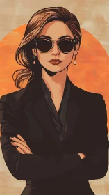 Stylized woman in black suit against bold orange backdrop