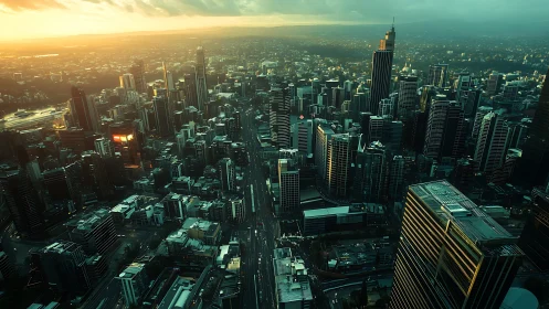 Sunlit aerial panorama over dense modern city skyline.