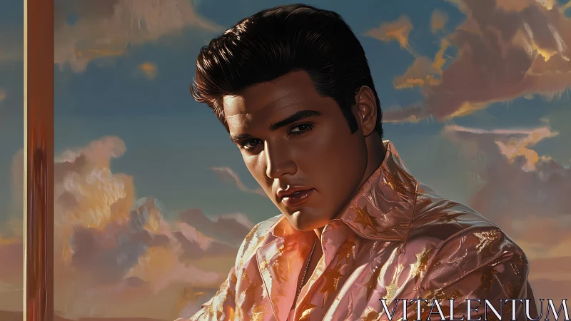 Male portrait in reflective shirt against sunset sky backdrop.