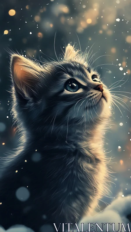 Ethereal Cat Gazes Upward Through Falling Snow and Light