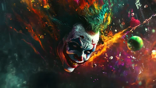 Neon-chaos clown portrait in explosive chromatic digital painting.
