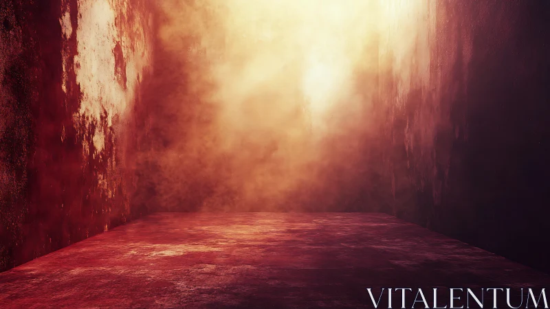 Rust-stained corridor with volumetric golden haze and glow