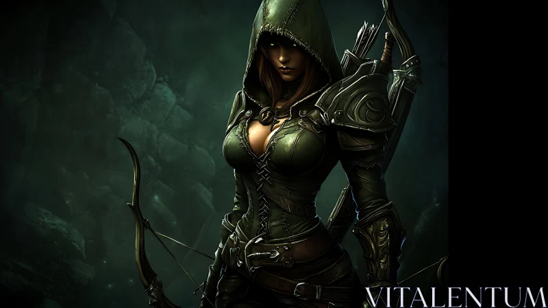 Hooded elven ranger stands poised with bow in shadowed forest.