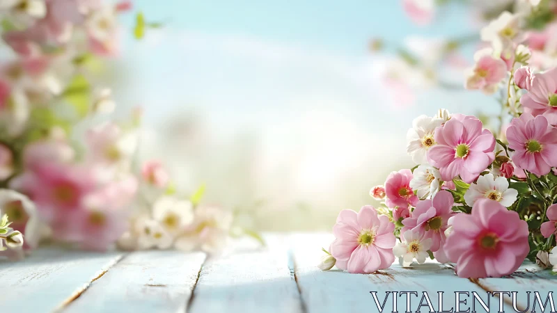 Pink and White Cosmos Flowers on Pale Blue Wooden Deck Surface