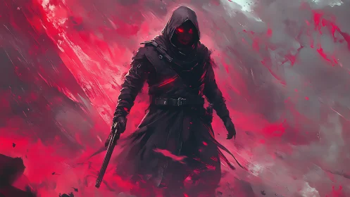 Crimson stormwalker cloaked in shadows and burning embers.
