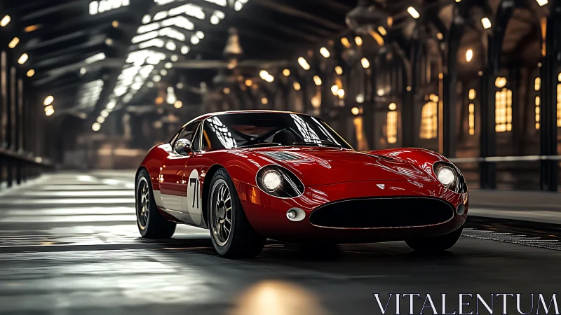 Crimson vintage racer prowls through an industrial light cathedral.