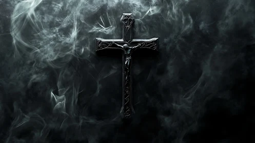 Dark metal crucifix emerges from swirling ethereal smoke