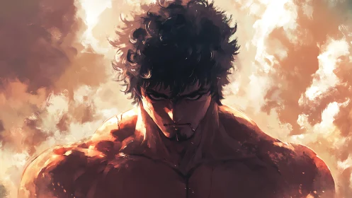 Storm-lit warrior rises from fire-kissed clouds of fury.