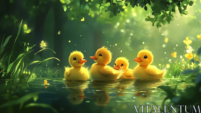 Sunlit ducklings drift through stylized forest pond light