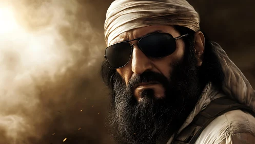 Bearded man in sunglasses against dense dusty background.