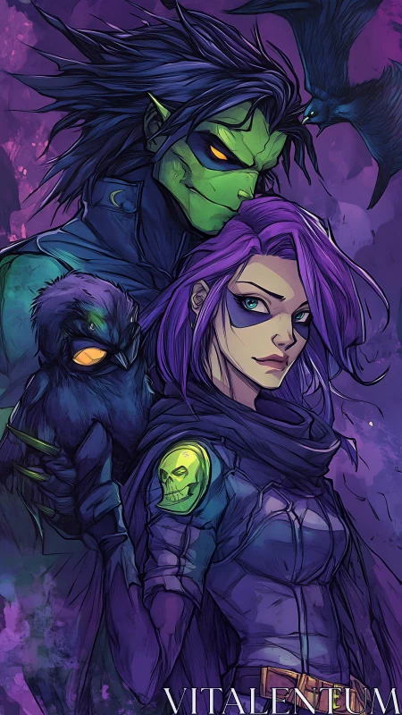 Bioluminescent vigilantes with corvid familiars in violet ether.