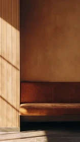 Sunlit minimalist bench in warm-toned modern interior.