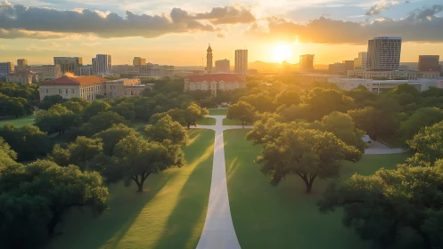 Golden campus walkway welcoming the city at sunset.