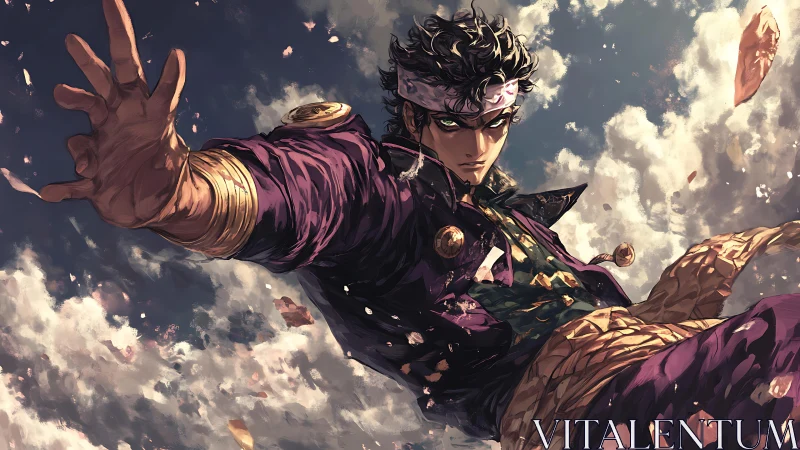 Sky‑torn warrior reaching through storm‑bright clouds.