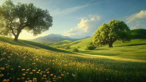 Sunlit wildflower hills rolling toward quiet blue mountains.