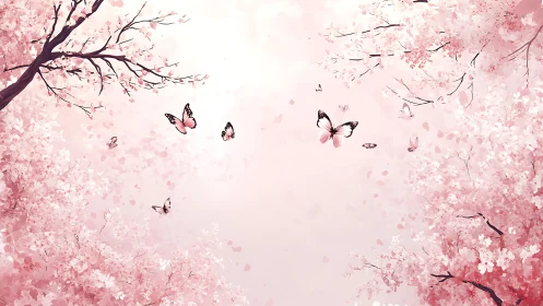 Butterflies drift through soft pink cherry blossoms in spring