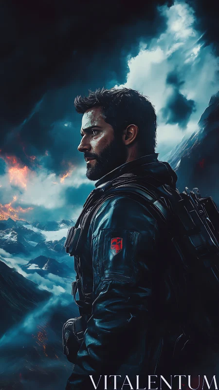 Armored soldier overlooking stormy volcanic landscape.