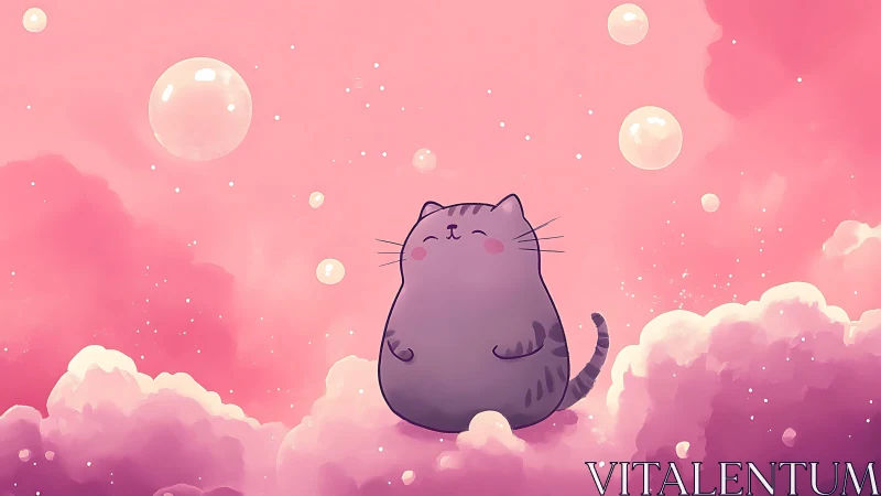 Purple Cat Rendered in Soft 3D Geometry Amid Volumetric Cloud Formations