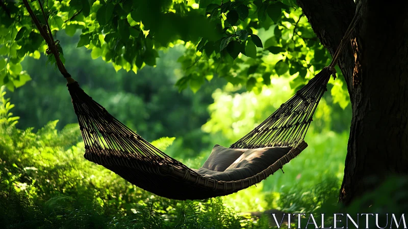 Suspended rope hammock with cushions under dense tree canopy