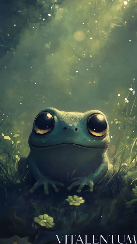 Gentle frog gazes up with wonder in a softly glowing glade