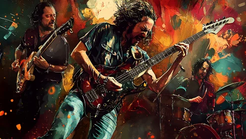 Electric rock trio in explosive abstract color motion.