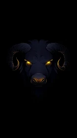 Glowing horned bull portrait emerging from deep shadow.