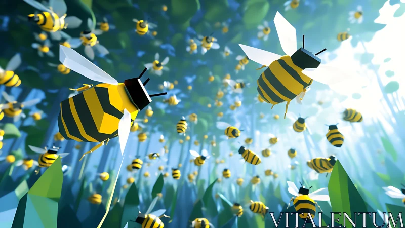 Low-poly 3D swarm of stylized bees in luminous meadow.