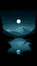Moonlit mountain lake wrapped in quiet starlit stillness.