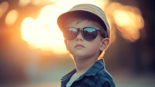 Young subject wears sunglasses and cap against golden sunset bokeh lighting.