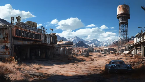 Sunlit desert outpost where rust and mountains quietly meet.