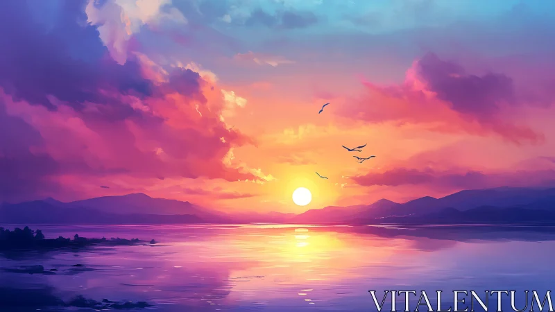 Sunset over calm water with distant mountains and birds.