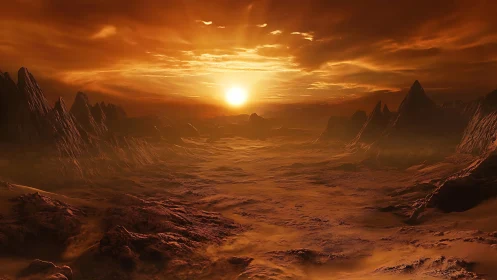 Soft sunfall over a quiet alien canyon plain.