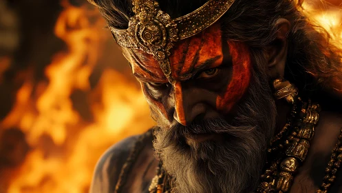 Warrior sage with blood-red warpaint before raging fire.