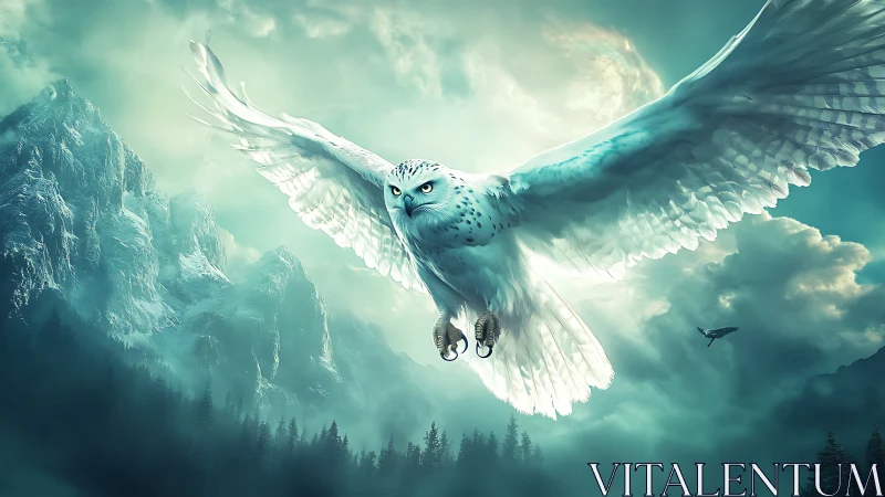Majestic white owl flying over misty mountains in fantasy style.