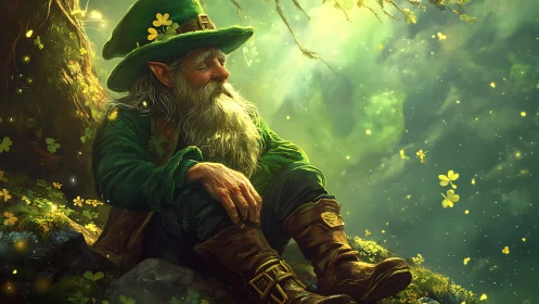 Elderly leprechaun rests under glowing forest light