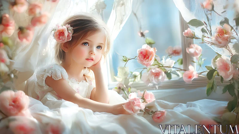 Young girl in white dress surrounded by pink roses at sunlit window.