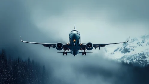 Passenger jet descends through icy alpine storm sky.