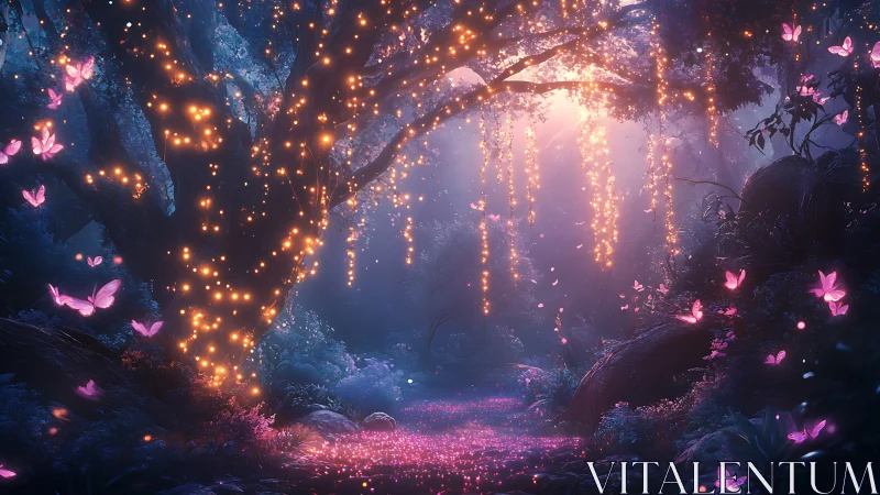 Illuminated forest path with glowing tree and butterflies.
