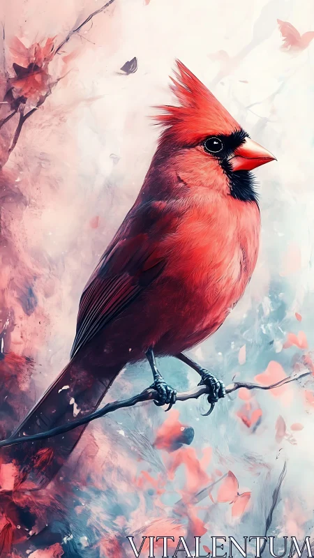Crimson cardinal perches calmly amid swirling pastel petals