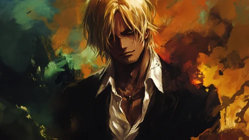 Brooding blond anime man emerges from a fiery abstract haze