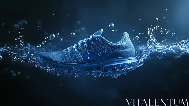 Blue running shoe slices through dynamic water splash.