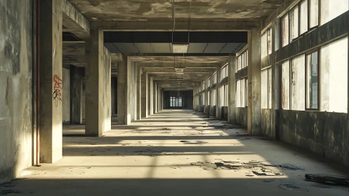 Sunlit ruins stretch through an endless industrial corridor.