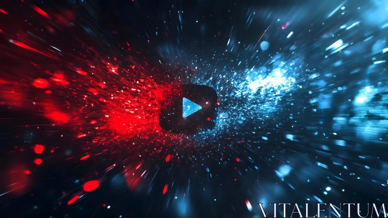 Futuristic YouTube Play Button with Red and Blue Particle Burst.