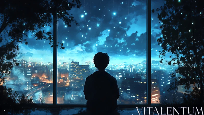 Solitary figure watches neon city under radiant night sky.