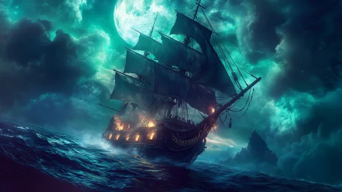 Sailing ship cuts through moonlit storm sea under glowing sky