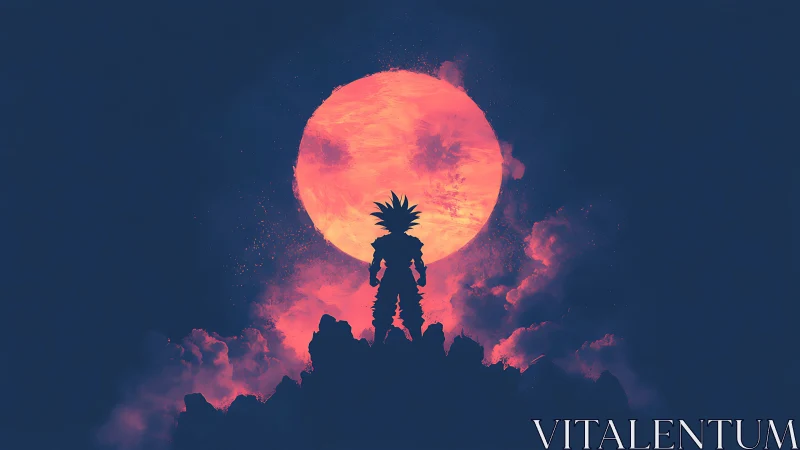 Silhouetted warrior stands before large glowing moon.