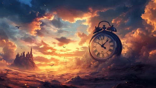 Cloud-sailing clock drifts over a molten sea of sunset time